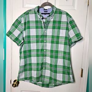 Tommy Hilfiger green & white short-sleeved plaid button up‎ size XL